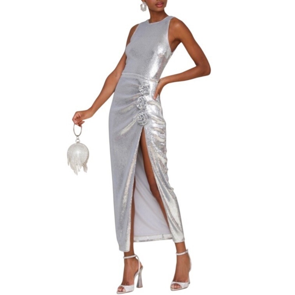Avec Les Filles Womens Silver Sequin Rosette Side Slit Midi Dress Size 8